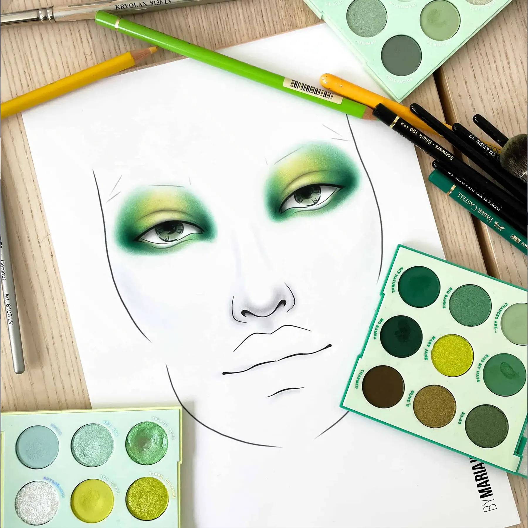 Facechart Pro con un ojo verde a medio hacer, rodeado de paletas verdes y lápices